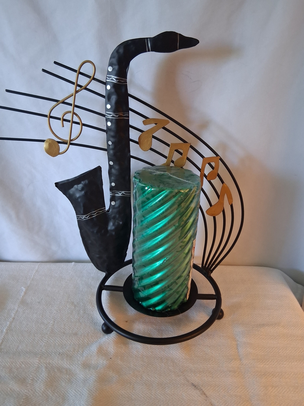 Black Saxophone Metal Candle Holder with Green Twist Candle